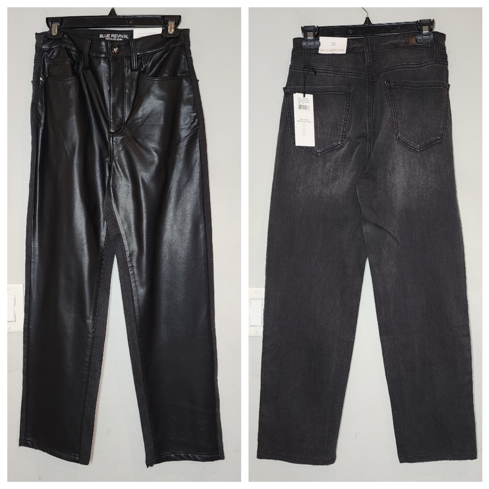 NWT Blue Revival Black Mixed Fabric Vegan Leather Denim Straight Leg Pants Sz 26